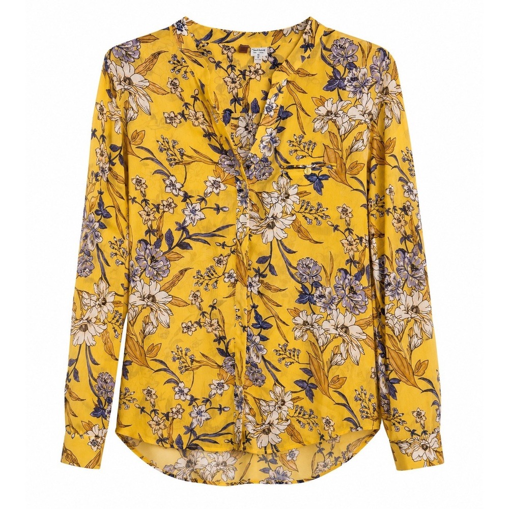 KUT from the Kloth Womens M Mustard Yellow Floral Sheer Blouse Long Sleeve